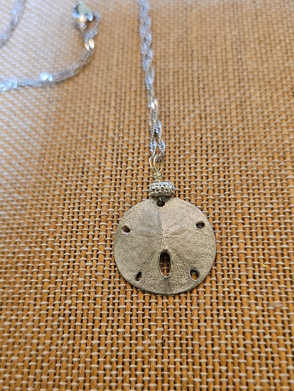 Hand Cast Cape Cod Pewter Sand Dollar Necklace w/ Shimmering Accent